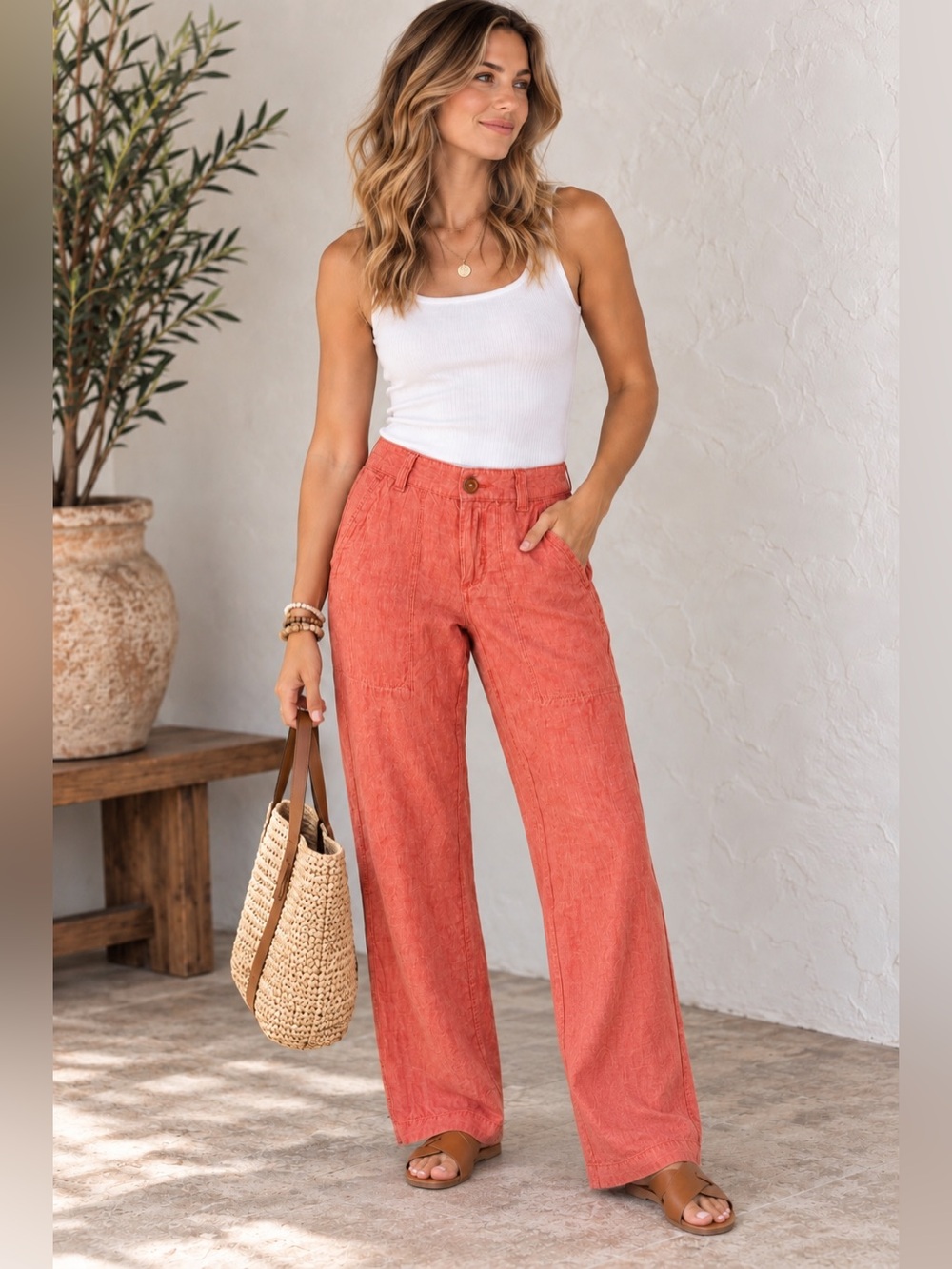 Pilcro & The Letterpress Anthropologie Coral Linen Cotton Flowy Straight Pants